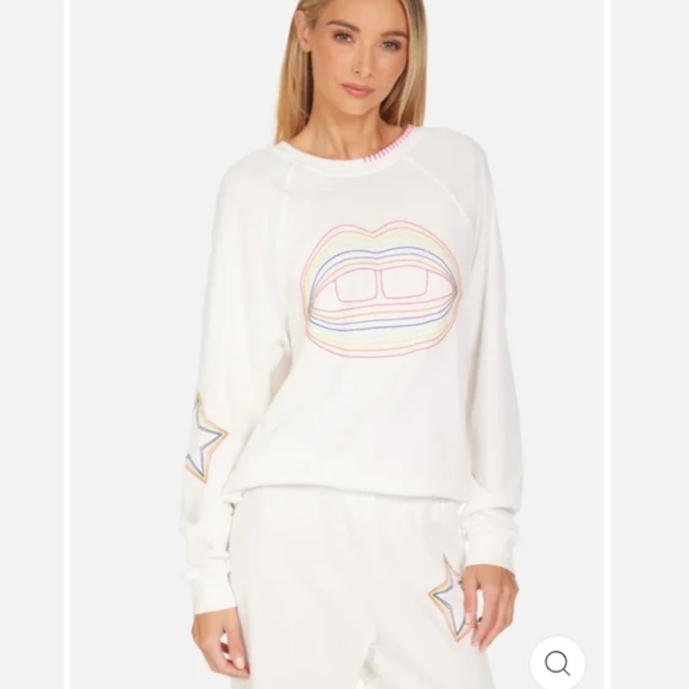 Lauren Moshi Anela Rainbow Lip Outline Embroidered Crewneck in white size large